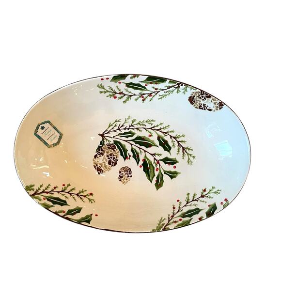 Papart Handpainted Turkish Serving Bowl 14x9 Ceramic Holiday Pinecone Holly NEW - Picture 14 of 15